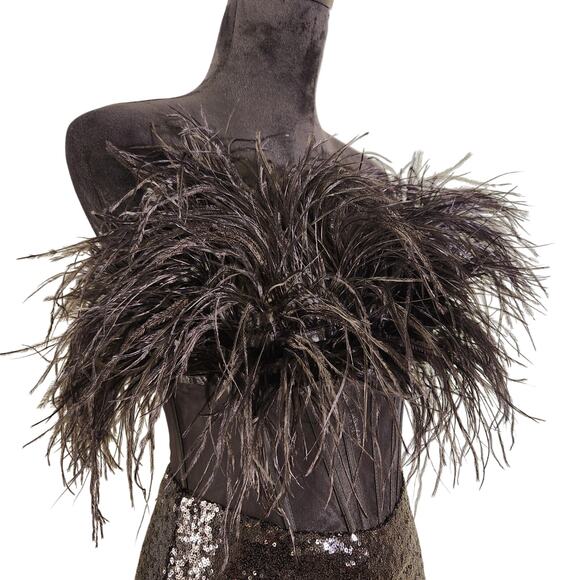 ALYCE PARIS NWT Black Sequin Mini Dress with Feathered Mesh Bodice, Size 6 - Picture 6 of 13